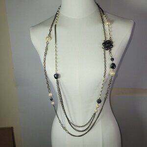 Lia Sophia Layered Mixed Chain Necklace With Faux Pearl & Black Bead Accents